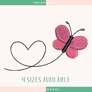 May include: A pink butterfly with black antennae and a black body flies towards a black heart shape. The text "4 SIZES AVAILABLE" is below the image.