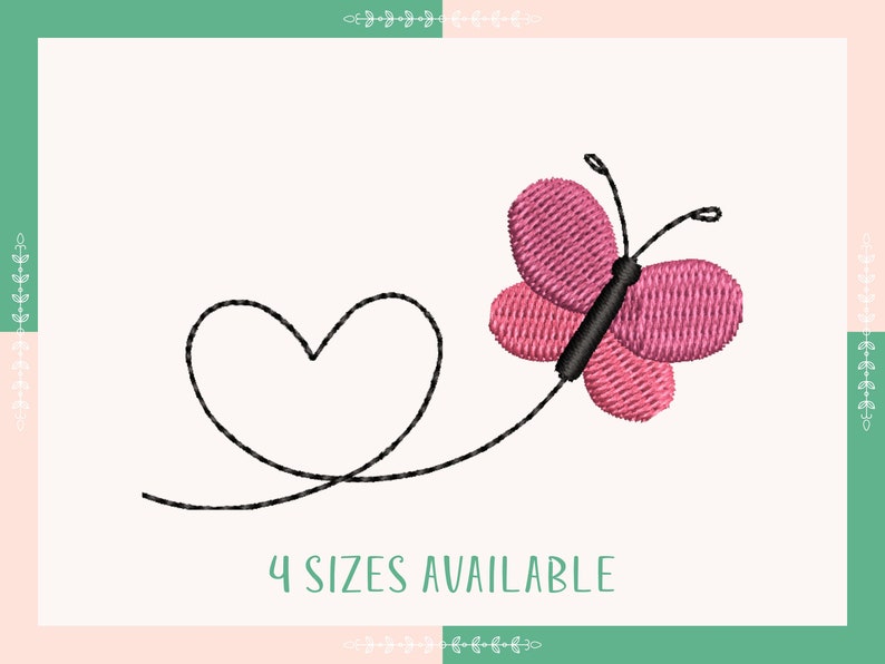 May include: A pink butterfly with black antennae and a black body flies towards a black heart shape. The text "4 SIZES AVAILABLE" is below the image.