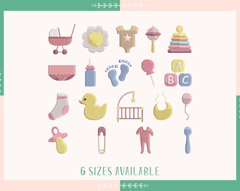 Mini Baby Essential Icons Embroidery Bundle, Nursery Embroidery Designs Set, Kids Embroidery, Soft Pastel, Newborn Gifts, PES, DST, 6 Sizes