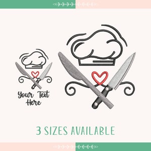 May include: Black and white line art design of a chef's hat with crossed knives and a red heart. The text "Your Text Here" is below the design.