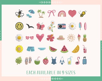 Mini Summer Icons Embroidery Bundle, Beach Vacation Elements Embroidery Design, Tropical Summer Beach Embroidery, Beach And Summer Icons Set