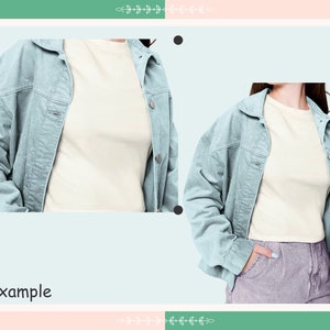 May include: A light blue denim jacket with a white t-shirt underneath. The jacket is unbuttoned and the sleeves are rolled up. The person is wearing light purple trousers.
