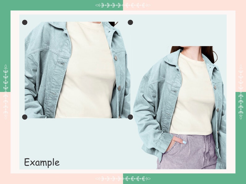 May include: A light blue denim jacket with a white t-shirt underneath. The jacket is unbuttoned and the sleeves are rolled up. The person is wearing light purple trousers.