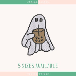 Small Ghost with Iced Coffee Embroidery Design, Ghost Drinking Iced Coffee Embroidery Design, Halloween Embroidery Design
