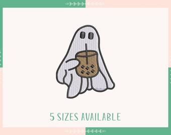 Small Ghost with Iced Coffee Embroidery Design, Ghost Drinking Iced Coffee Embroidery Design, Halloween Embroidery Design