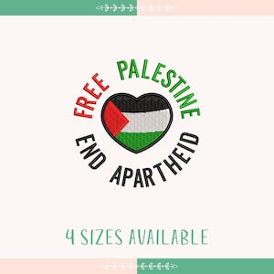 以下が含まれることがあります： 「Free Palestine End Apartheid」というテキストが書かれた黒と白の円の中に、ハート型の Palestinian flag が描かれています。