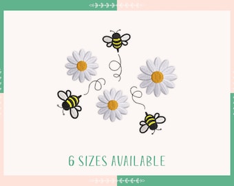 デイジーとマルハナバチの刺繍デザイン ファイル、ミツバチ、デイジーの刺繍デザイン、花、ハチ、即時ダウンロード