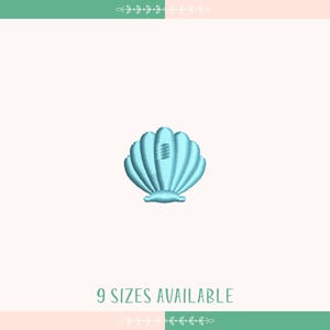May include: A light blue seashell design, centered on a white background, with the text "9 SIZES AVAILABLE" in a teal font. The image has a light pink and green border with decorative floral elements.