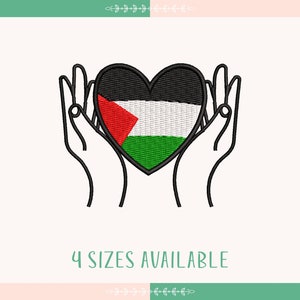 May include: An embroidered design of two hands holding a heart-shaped Palestinian flag. The flag is black, white, green, and red.