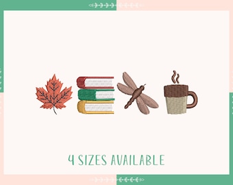 Cozy Autumn Embroidery Design, Leaf, Books, Coffee,  Dragonfly Embroidery File, Seasonal Machine Embroidery, Instant Download