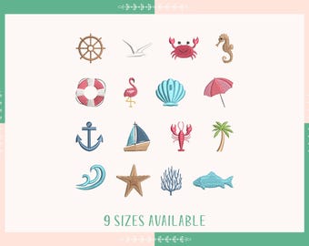 Mini Coastal Ocean Embroidery Elements Bundle, Beach Vacation Icons Embroidery, Summer Beach, Sailboat, Sea Shell, Nautical Embroidery