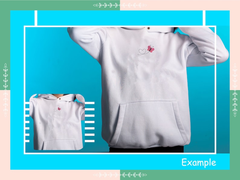 May include: White hoodie with a small pink butterfly and heart design embroidered on the front. The hoodie has a kangaroo pocket and a drawstring hood.