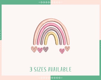 May include: A rainbow embroidery design with five arches in shades of pink, purple, and yellow. Three small pink hearts are below the rainbow.