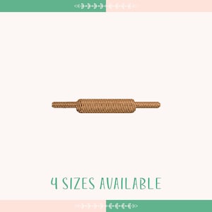 May include: A brown wooden rolling pin, a kitchen tool used for rolling out dough, is shown on a white background. The text "4 SIZES AVAILABLE" is below the rolling pin.