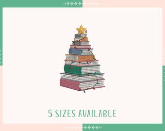 Christmas Book Tree Embroidery Design, Christmas Lights Embroidery Pattern, Christmas Book Stack Machine Embroidery File, Book Lovers