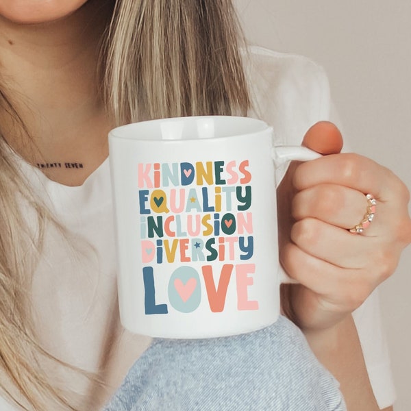 Kindness Equality Inclusion Diversity Love Coffee Mug | Autism Awareness Coffee Cup Gift for Teachers | Special Education Teacher Coffee Cup
