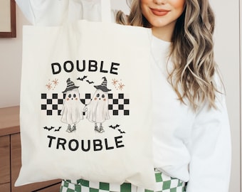 Double Trouble Canvas Tote Bag | Funny Halloween Candy Tote Bag for Halloween | Double Trouble Trick or Treat Bag for Best Friends Twins