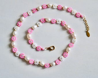 Handgemaakte madeliefjesketting met kralen, zoetwaterparelchoker, bloemensieraden, cadeau voor haar