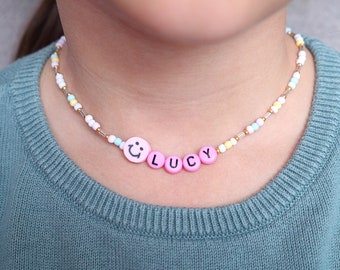 Choker Necklace Smiley with Name - Custom Name Choker - Beaded Name Choker Necklace