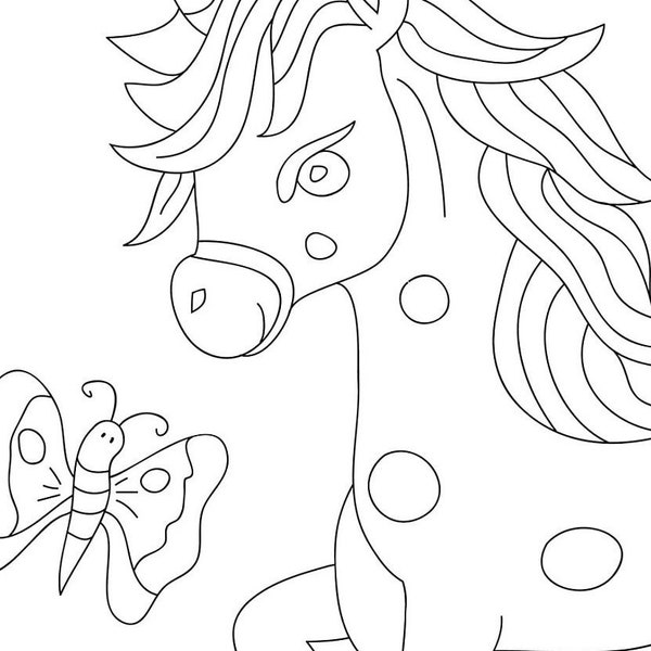 Cute horse pdf coloring page for kids, colored and colorable digital copies in five format Pdf, Svg, Dxf, Eps and Png in zip file format