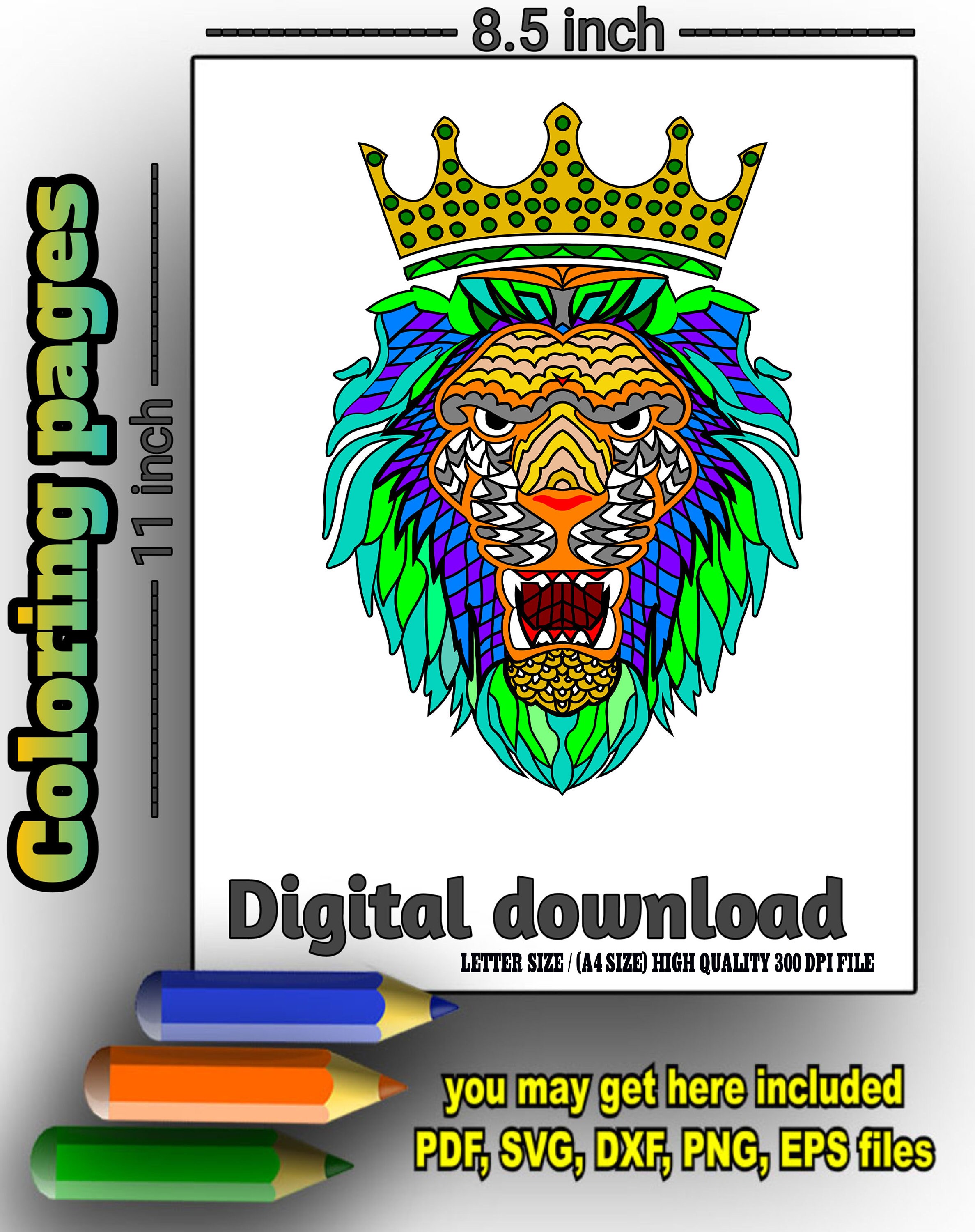 Lion Face Pdf Coloring Page for Kids, Colored and Colorable Digital ...