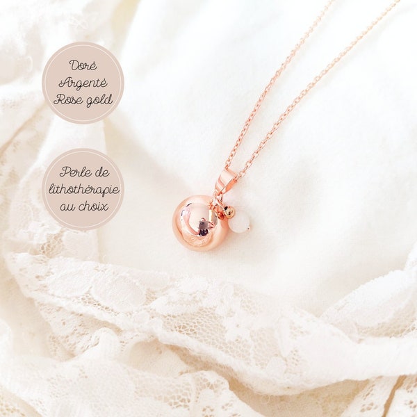 Bola de grossesse rose gold, or ou argent avec perle de lithothérapie en pierre de lune. Idée cadeau de grossesse pour femme enceinte