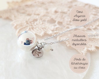 Collier bola colibri symbole de la PMA et perle de lithothérapie en pierre de lune. Idée cadeau de grossesse pour future maman