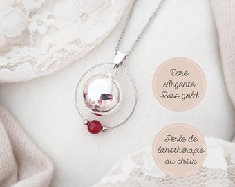 Collier bola argent, or ou rose gold et perle gemme de lithothérapie en cornaline rouge. Collier future maman. Cadeau pour femme enceinte