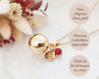 Bola de grossesse or notre petit miracle parcours PMA et perle de lithothérapie en cornaline rouge. Cadeau de grossesse pour femme enceinte