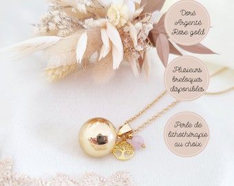 Bola de grossesse or, argent ou rose gold avec breloque arbre de vie et perle gemme en kunzite rose violet. Idée cadeau pour femme enceinte