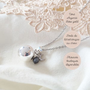 Bola de grossesse argent or ou rose gold avec perle de lithothérapie en larvikite et breloque lune zircon. Cadeau pour femme enceinte