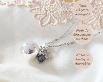 Bola de grossesse argent or ou rose gold avec perle de lithothérapie en larvikite et breloque lune zircon. Cadeau pour femme enceinte