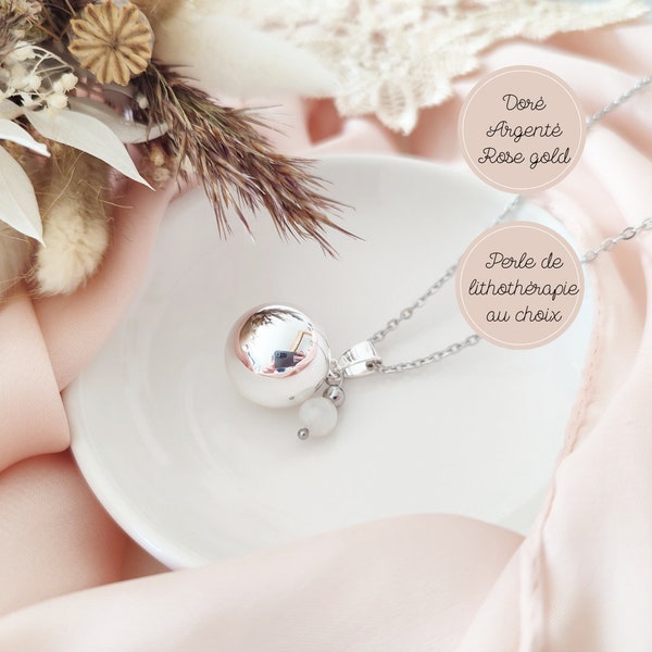 Bola de grossesse argent, rose gold ou or avec perle de lithothérapie en pierre de lune blanche. Idée cadeau pour femme enceinte