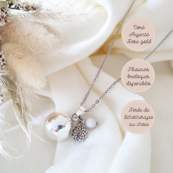 Silver, rose gold or gold boho pregnancy bola with rosette charm and semi-precious white howlite pearl. Future mom gift idea.