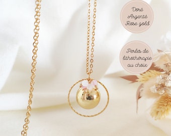 Collier bola or, rose gold ou argent avec perles gemmes en pierre de lune blanche et kunzite rose violet. Cadeau pour femme enceinte