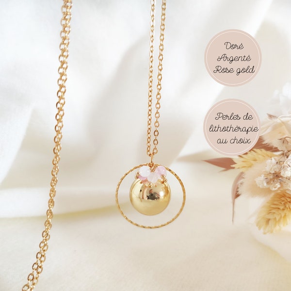 Collier bola or, rose gold ou argent avec perles gemmes en pierre de lune blanche et kunzite rose violet. Cadeau pour femme enceinte