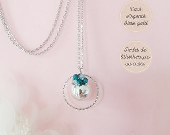 Collier bola argent, or ou rose gold avec perles en apatite bleue et en aigue marine. Cadeau de grossesse pour femme enceinte