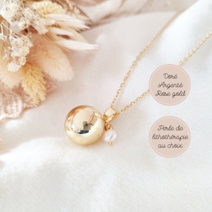 Bola de grossesse or, argent ou rose gold avec perle de culture blanche et chaîne en acier inoxydable. Cadeau pour future maman