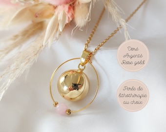 Bola de grossesse or, argent ou rose gold avec perle de lithothérapie en quartz rose et chaîne en acier inoxydable. Cadeau pour future maman