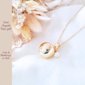 Bola de grossesse or, argent rose gold. Bijou lithothérapie bien être bébé future maman. Cadeau femme enceinte. Perle de culture blanche.