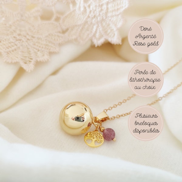 Bola de grossesse or, argent ou rose gold avec breloque arbre de vie et pierre en lépidolite violette. Idée cadeau pour femme enceinte