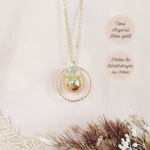 Rose gold gold or silver pregnancy bola with twisted ring and green aventurine and moonstone beads. Necklace for mother-to-be