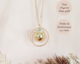 Bola de grossesse rose gold or ou argent avec anneau torsadé et perles en aventurine verte et pierre de lune. Collier pour future maman