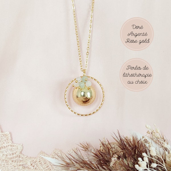 Bola de grossesse rose gold or ou argent avec anneau torsadé et perles en aventurine verte et pierre de lune. Collier pour future maman