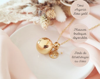 Bola de grossesse rose gold, or ou argent avec pampille arbre de vie et perle de lithothérapie pierre de lune. Collier pour future maman