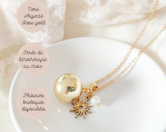 Bola de grossesse bohème or, argent ou rose gold avec perle de culture blanche et breloque soleil. Cadeau pour femme enceinte