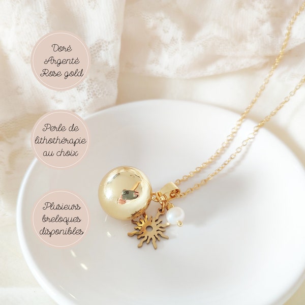 Bola de grossesse bohème or, argent ou rose gold avec perle de culture blanche et breloque soleil. Cadeau pour femme enceinte