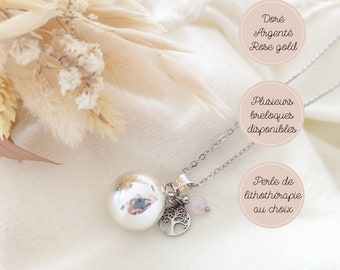 Collier bola argent, rose gold ou or avec breloque arbre de vie et pierre de lithothérapie. Collier de maternité pour femme enceinte