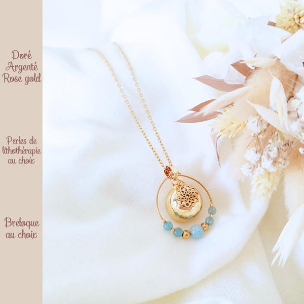 Collier bola or argent or rose sur mesure. Lithothérapie maman bébé. Cadeau grossesse future maman. Bijou femme enceinte à personnaliser.