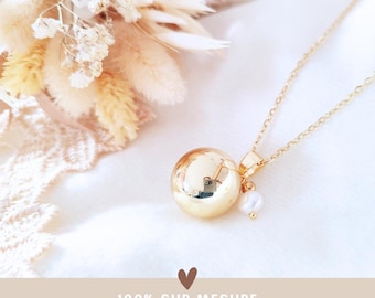 Bola de grossesse or, argent rose gold. Bijou lithothérapie bien être bébé future maman. Cadeau femme enceinte. Perle de culture blanche.